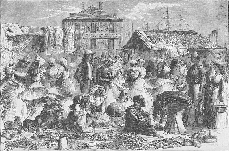 Drawing of the French Market in New Orleans, 1820.